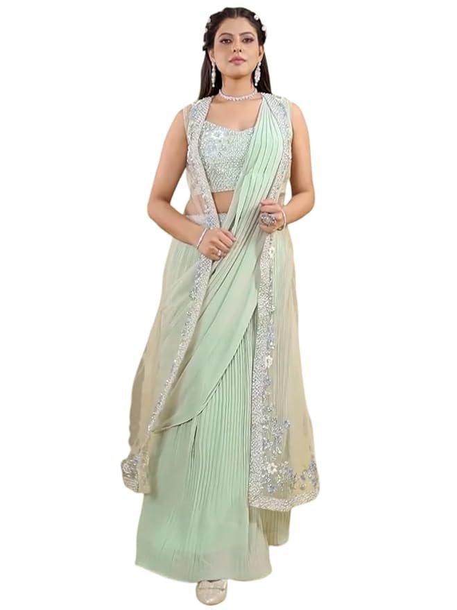 51A1IXh-YaL._SY879_ Ready to Wear Saree with Shrug Jacket for Women | Georgette One Minute Saree with Stitched Blouse | Stylish Saree Gown for Weddings and Festive Celebrations - Image 1