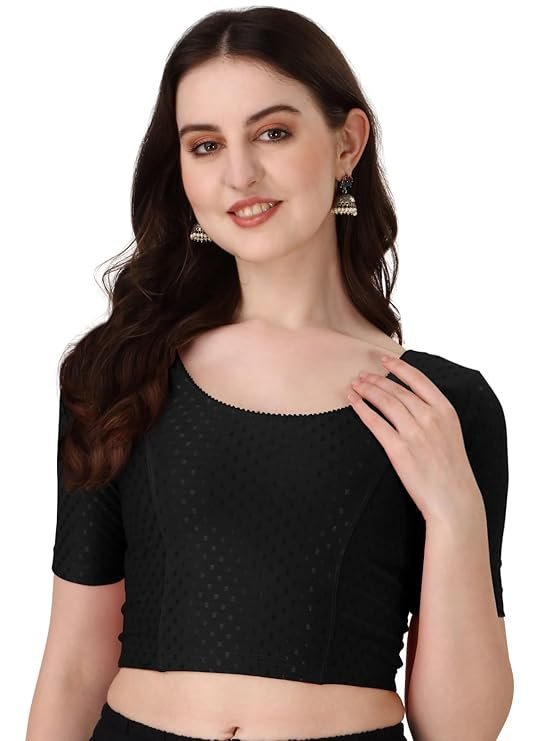 61hCPaZqc7L._SY741_ Round Neck Dobby Cotton Lycra Stretchable Elbow Sleeve Readymade Saree Blouse for Women - Image 1