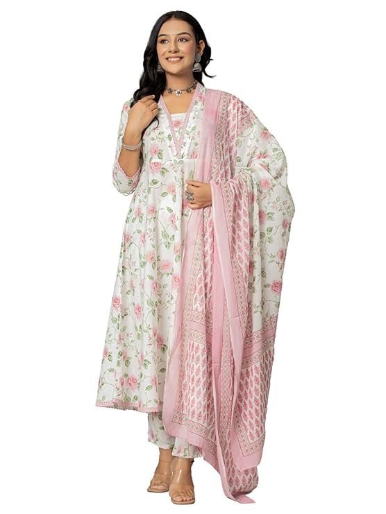 61pP+trqOpL._SY741_ Women's Cotton Printed Anarkali Kurta with Palazzo Pants and Dupatta - Image 1