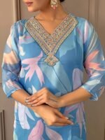 Women's Sky Organza with Cotton Lining Embroidered and Printed Straight Kurta with Rayon Pant and Organza Laced Dupatta Sets - Image 3