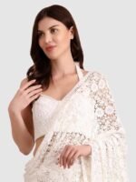 Women's Cotton Crochet Off-White Saree Without Blouse – Stunning Net Fix Embellishments, Indian Ethnic Wear for Women, Traditional Saree for Parties, Weddings, and Festivals - Image 3