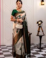 Women Floral Print Linen Saree - Image 4