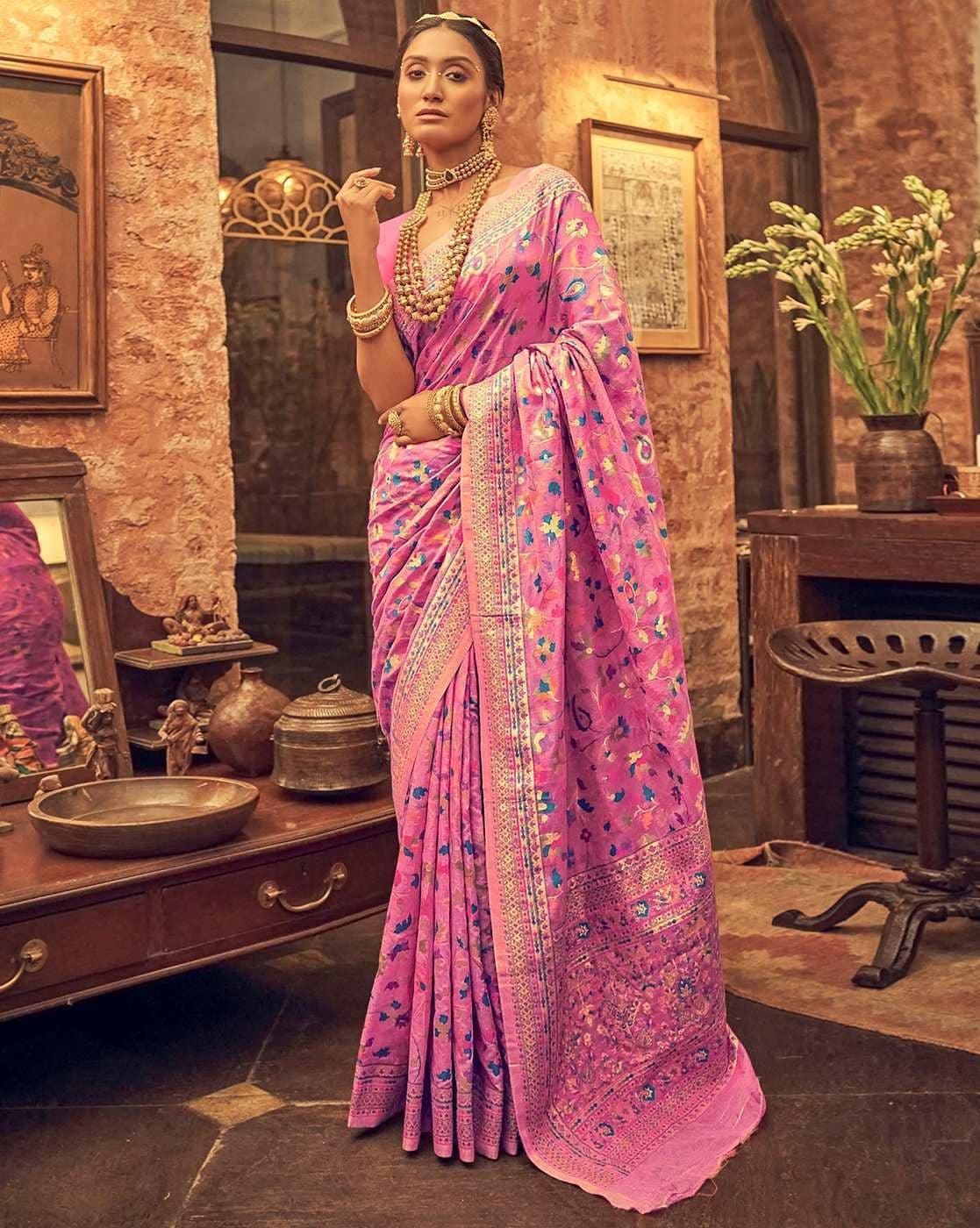 -1117Wx1400H-466970035-pink-MODEL Women Floral Woven Kanjeevaram saree with Contrast Border - Image 1